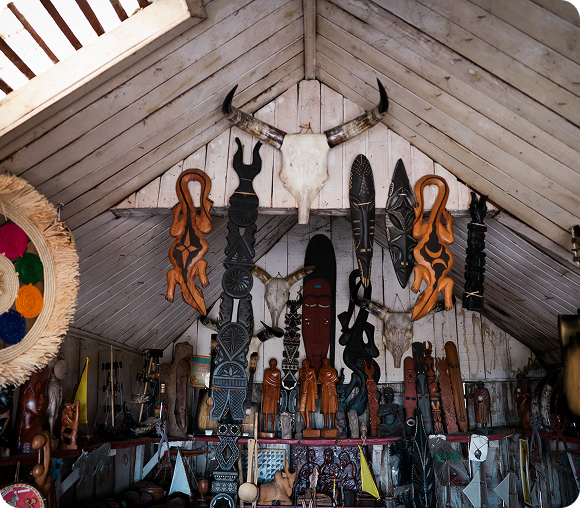Cultural masks and carvings in wooden interior