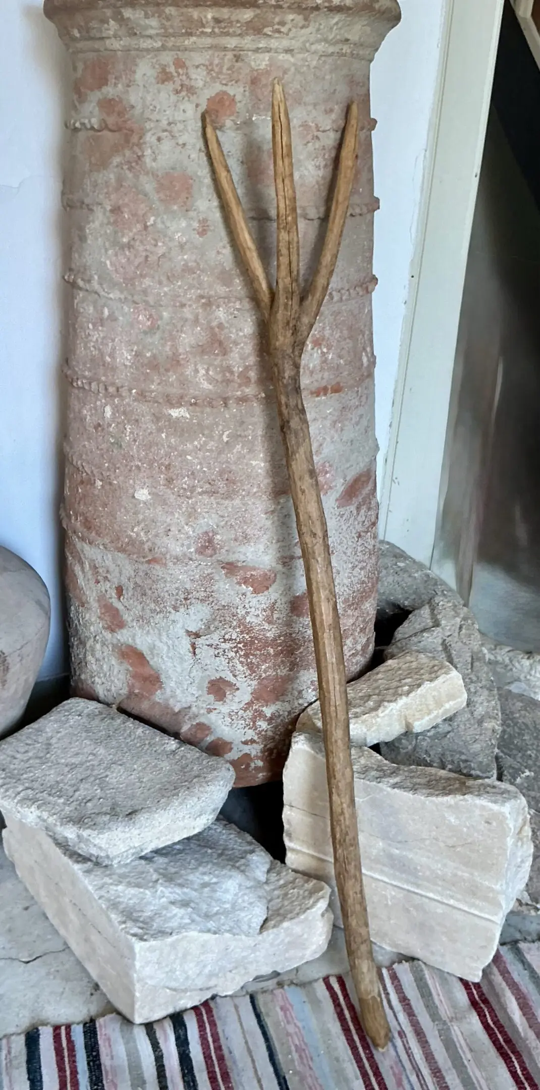 Y-shaped wooden stick beside terracotta pot