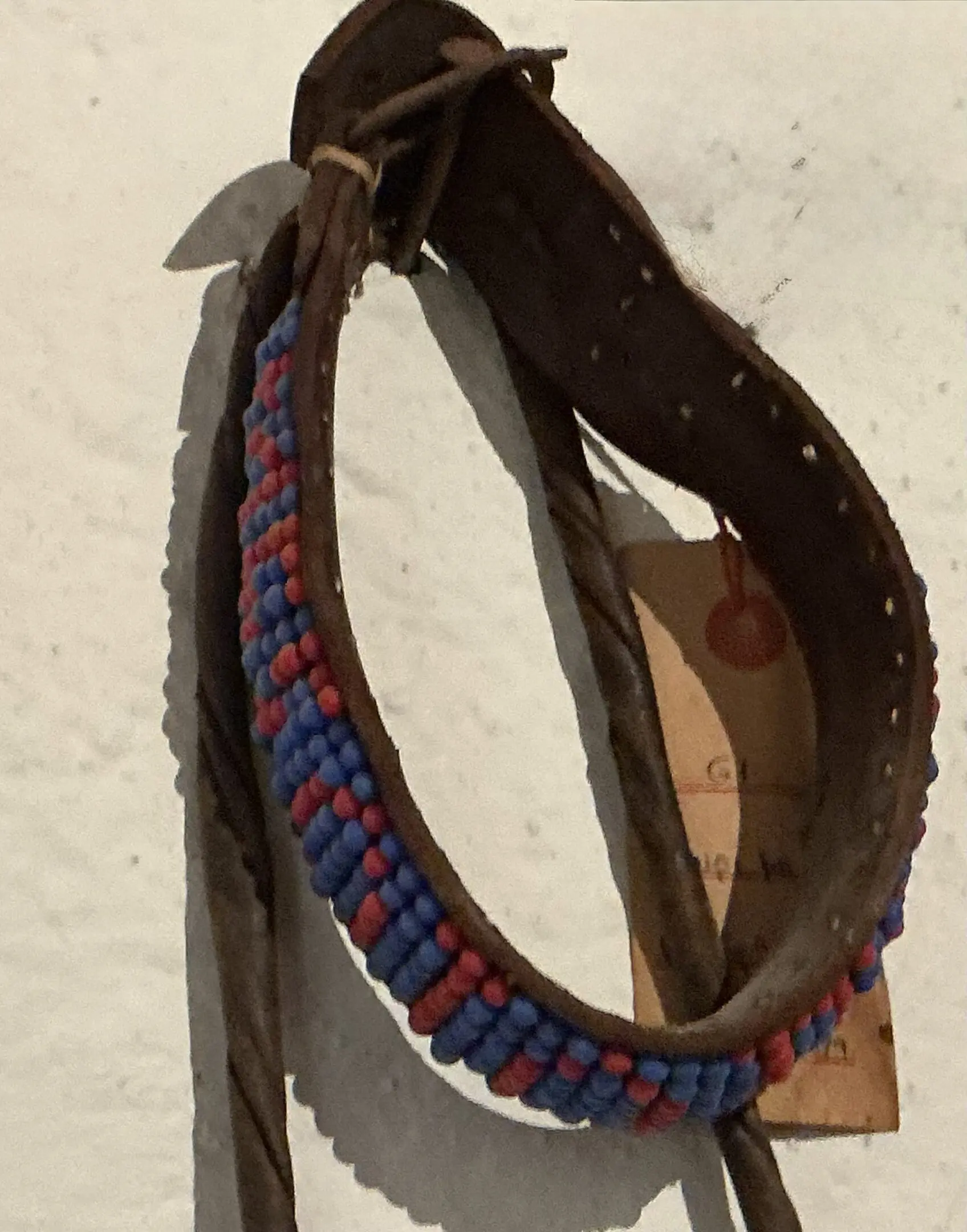 Leather dog collar with blue and red braid